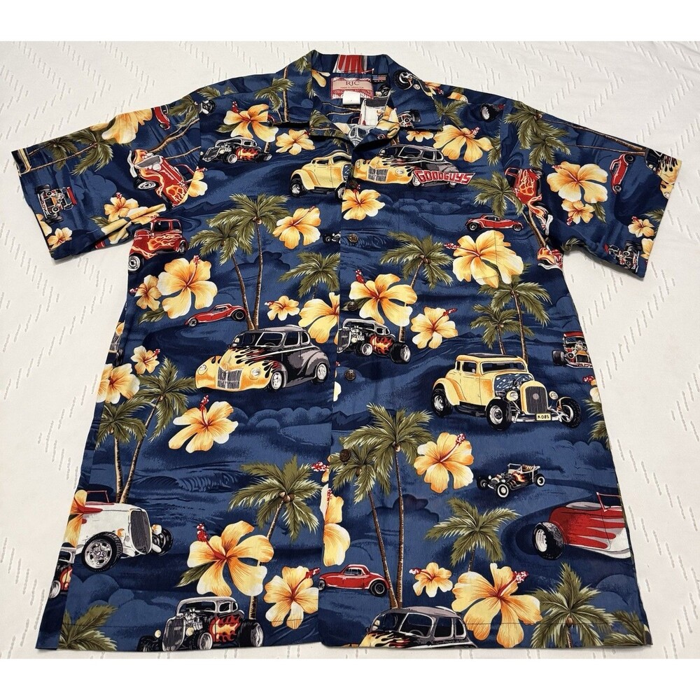 GoodGuys Short Sleeve Button Down Shirt Hawaiian Embroidered Logo Size L Vintage